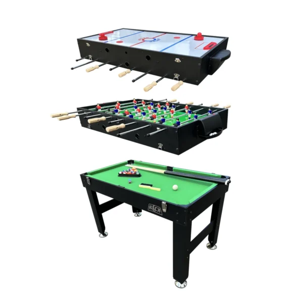 3-in-1 game table showing interchangeable tops for foosball, air hockey, and pool