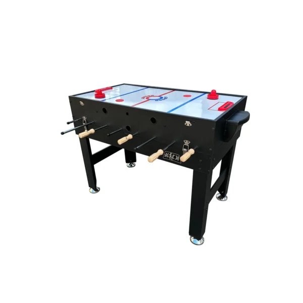 Black air hockey table with red strikers and pucks