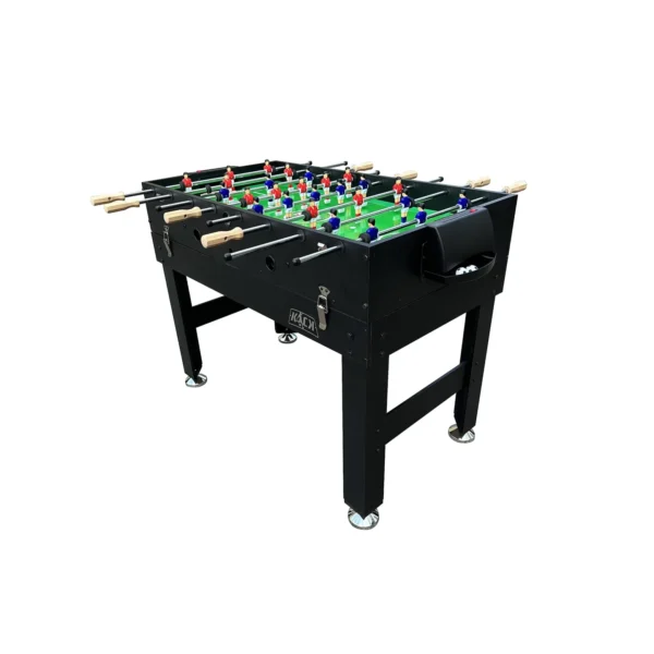Black foosball table with green field and red-blue player figures