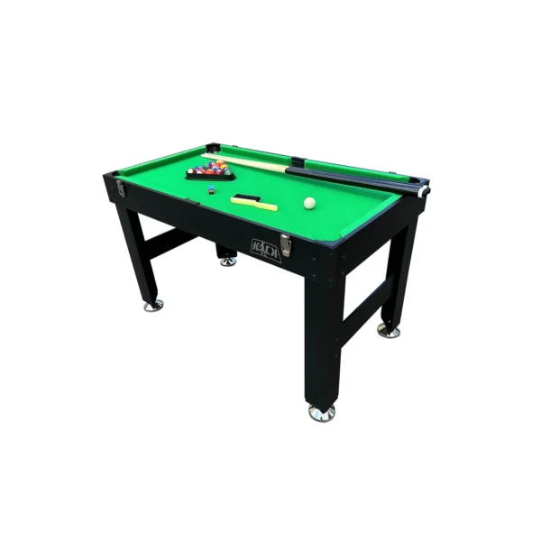 Black pool table with cues and triangle rack on green felt